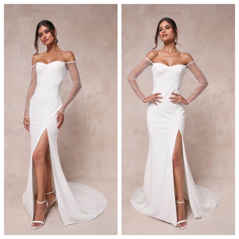 Lulu's Eternally Beloved Mesh Off-the-Shoulder Pearl Maxi Dress - Picture 2 of 16
